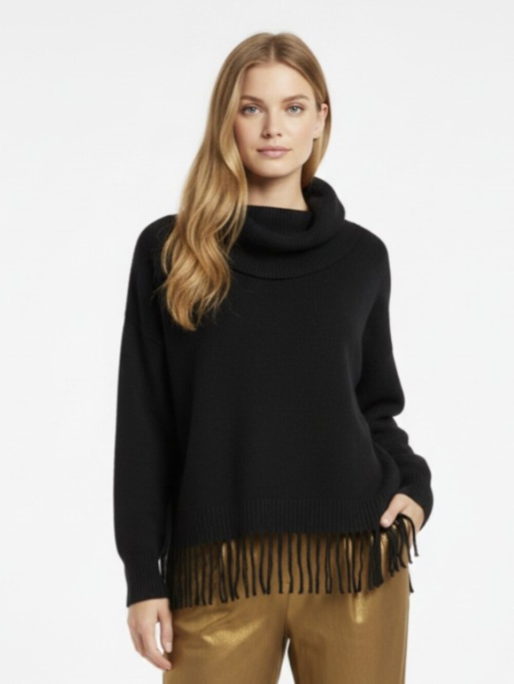 MICHAEL KORS! STRIKING BLACK KNIT, OVERSIZED, FRINGED COWL SWEATER! SZ 2X